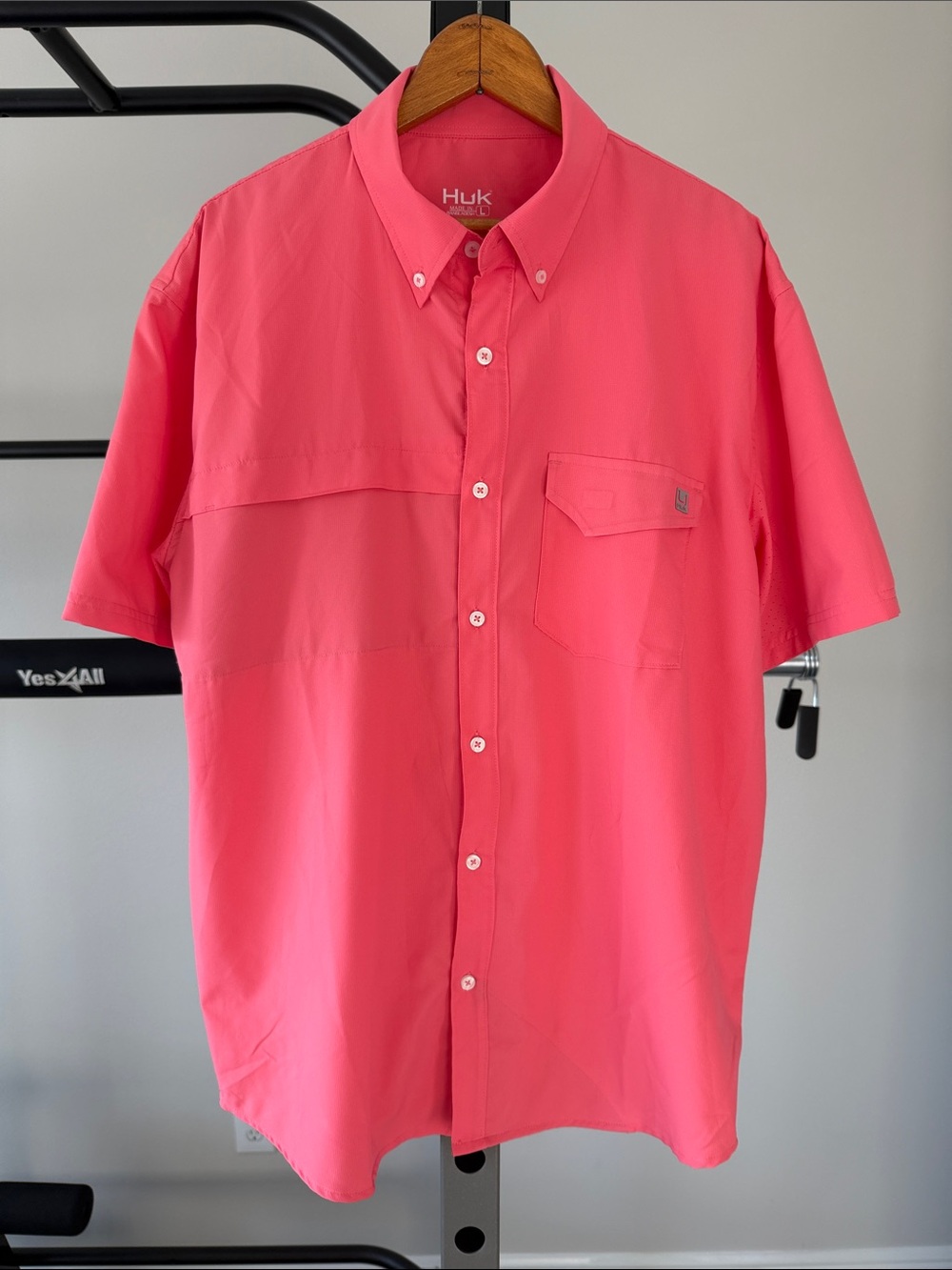 Huk Men's Short-Sleeve Button-Down Shirt in Coral Pink
